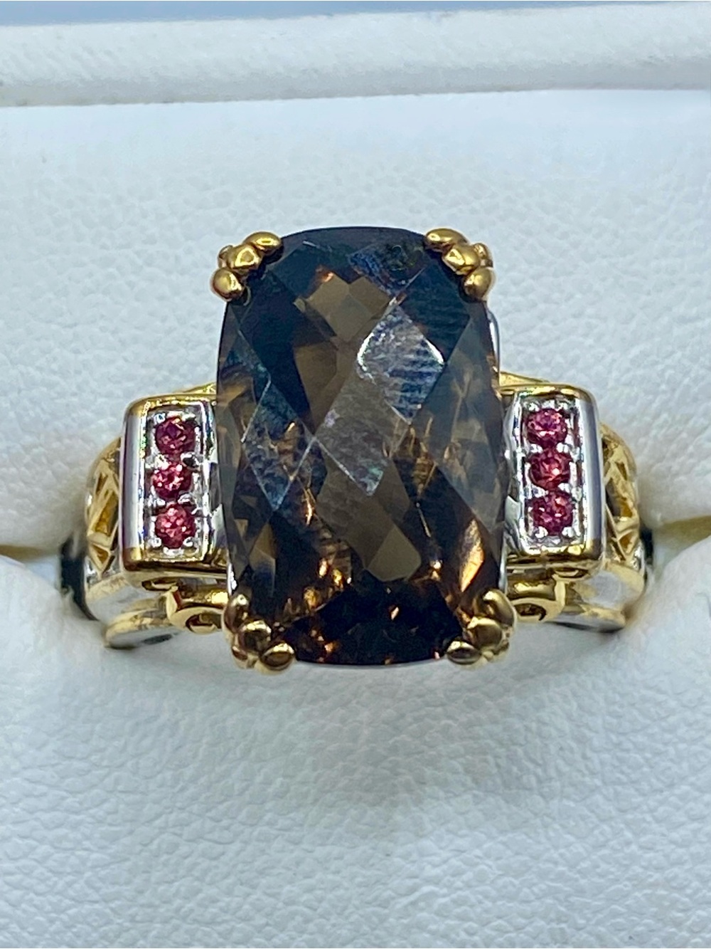 Sterling Silver/Vermeil Smokey Quartz & Red Crystal Ring